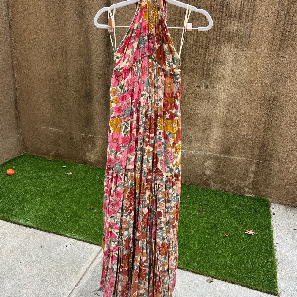 Aakaa Floral Halter Maxi Dress in Pink, Mustard & Brown